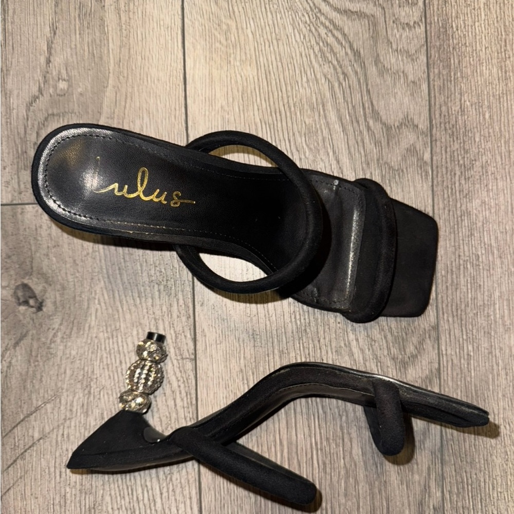 Lulus Brenny Black Suede Rhinestone Heel Sandals Women’s Size 6.5